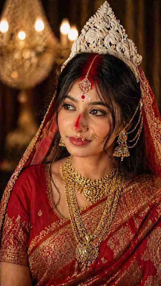 a stunning portrait of a woman dressed in traditional Bengali bridal attire photo editing